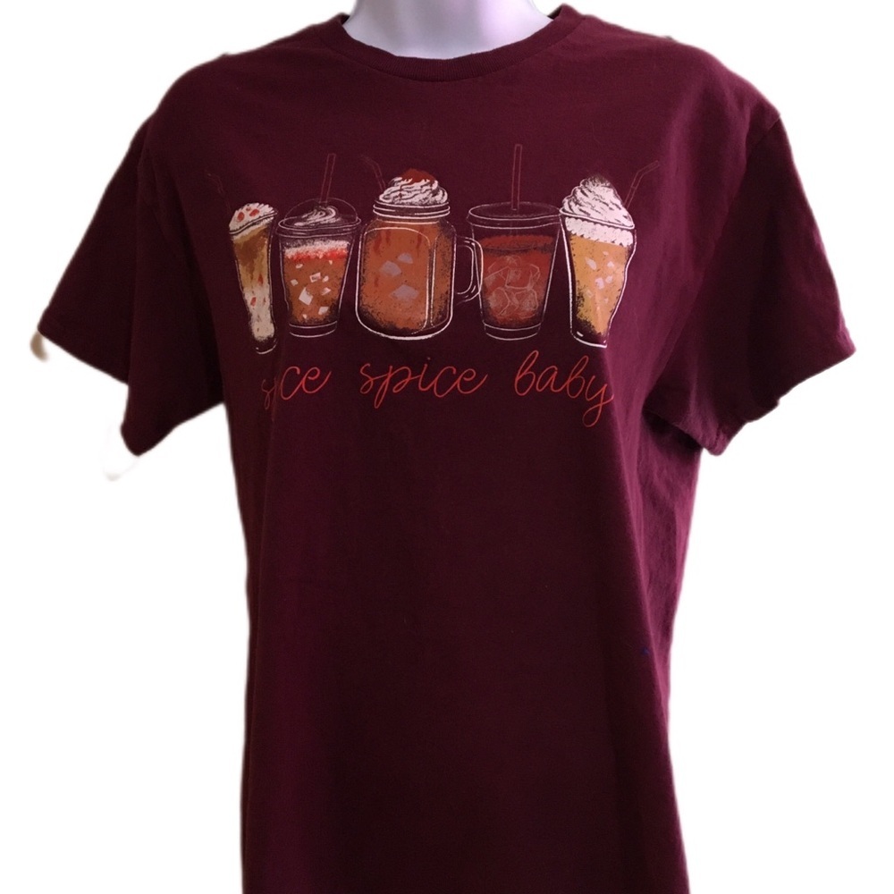 Burgundy Graphic Tee with Coffee Design